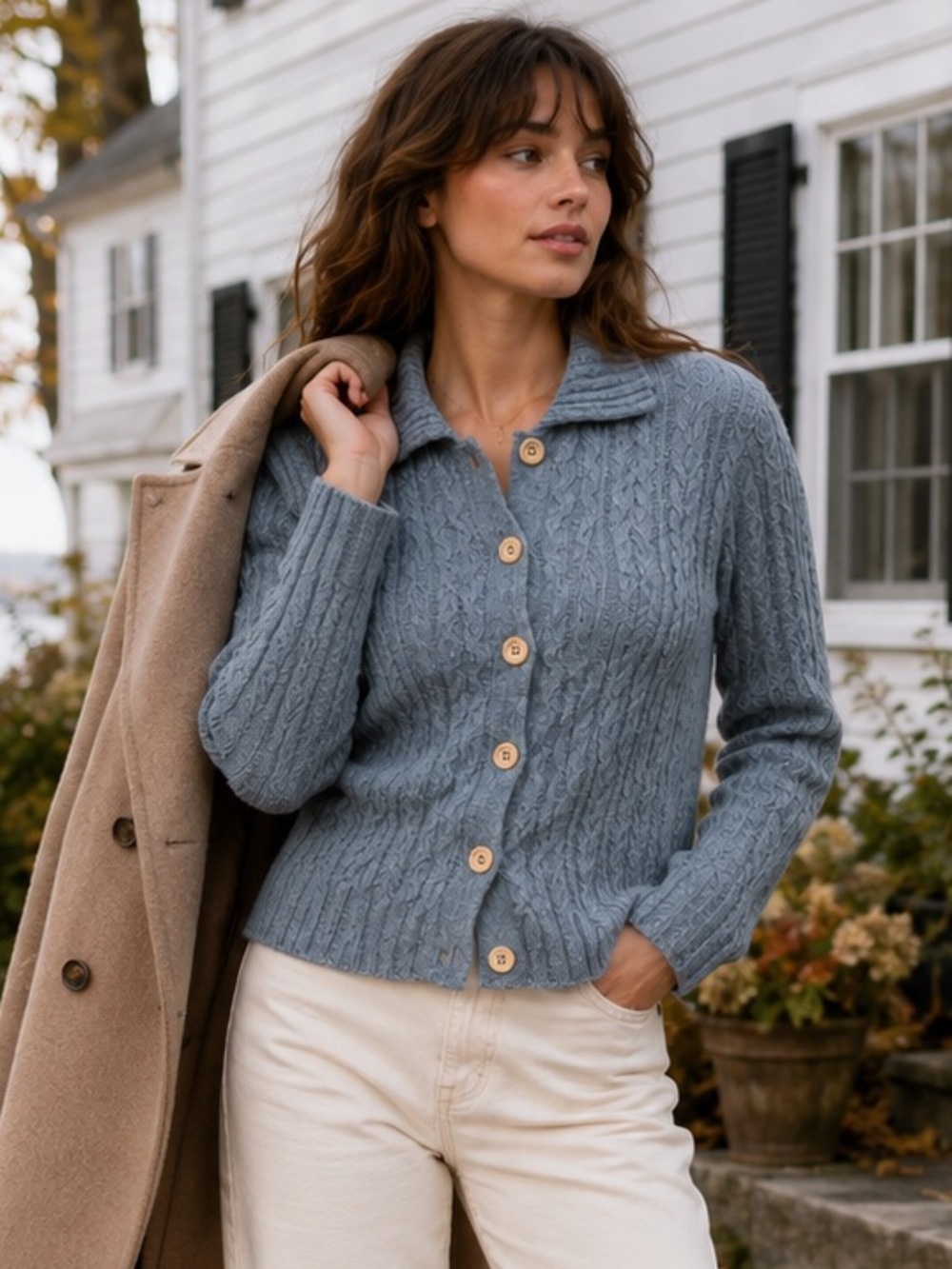 LL Bean Blue Cable Knit Button Front M Cardigan Sweater Coastal Grandmother